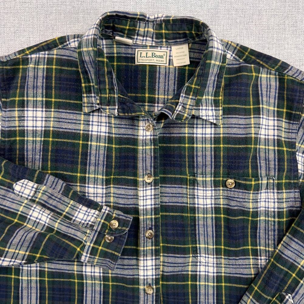 VTG 90s L.L. Bean Flannel Tartan Plaid Shirt Womens Large Green Cotton Cabin USA